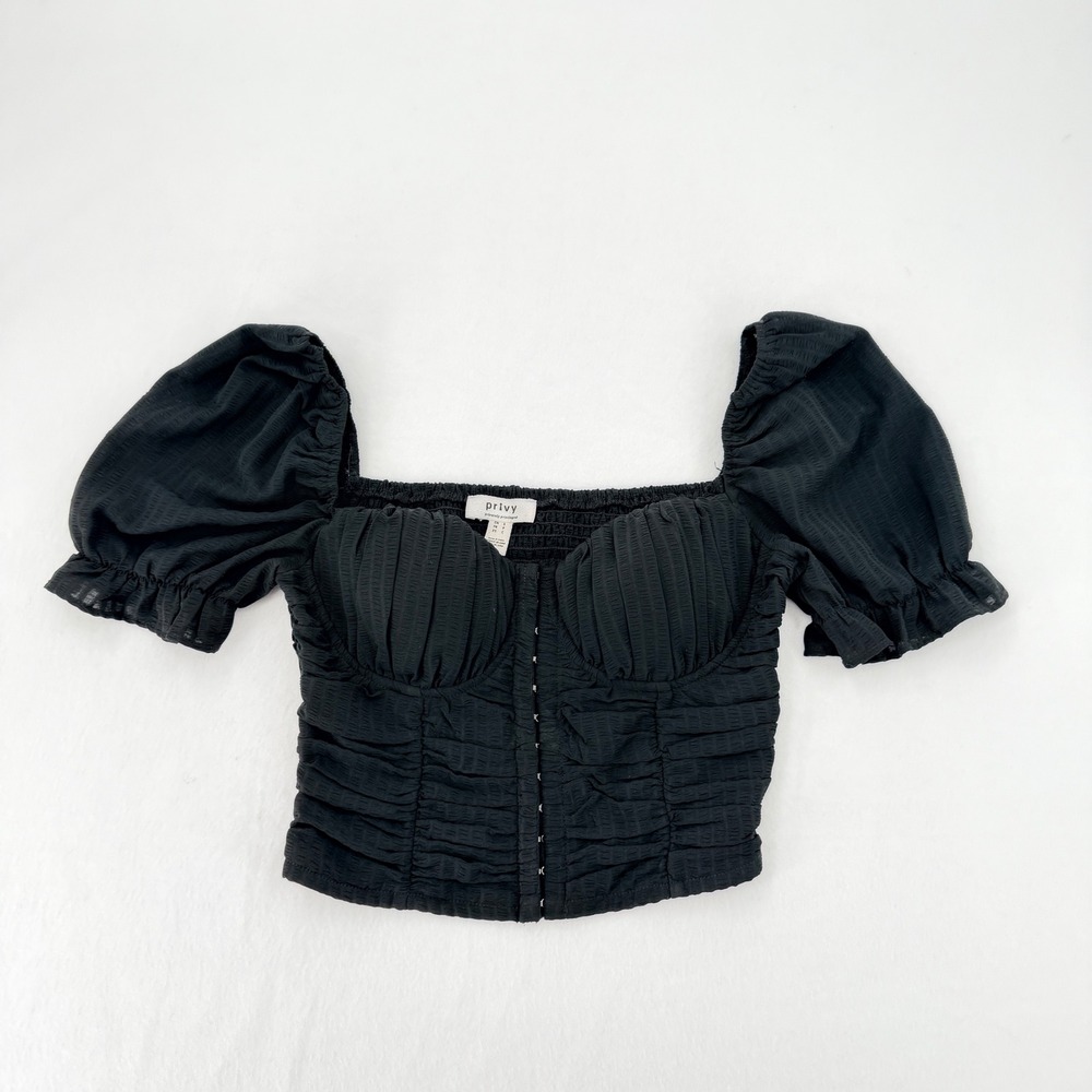 Privy Crop Top Womens Small Black Puff Sleeve Ruched Milkmaid PT40873N - Picture 3 of 7